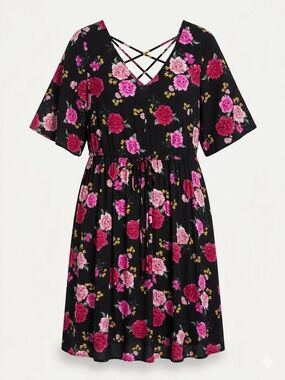 Torrid Black Pink Floral Strappy Babydoll Dress Size 2 2X EUC
